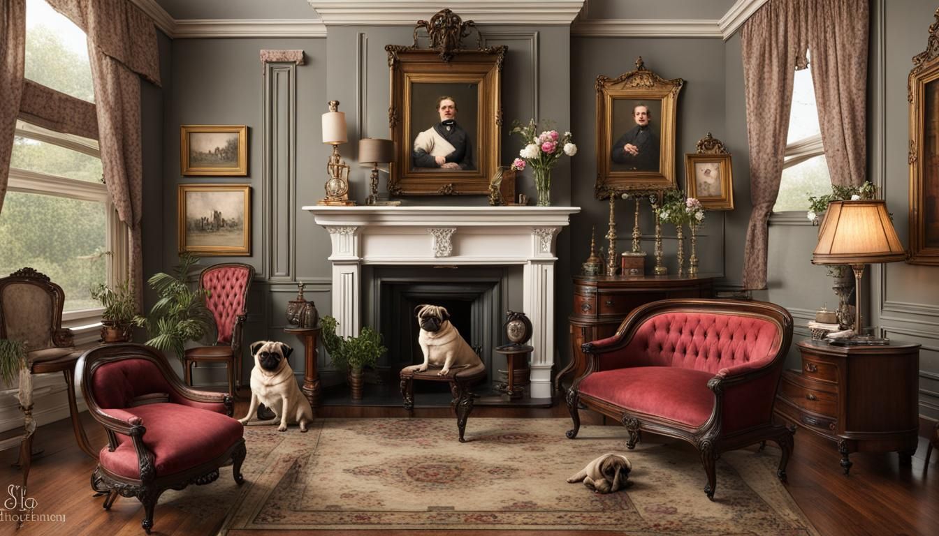 Victorian Living Room with Pugs