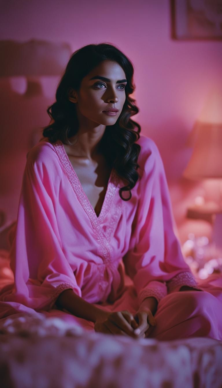 Beautiful Woman Watching TV with 35mm Film Aesthetic