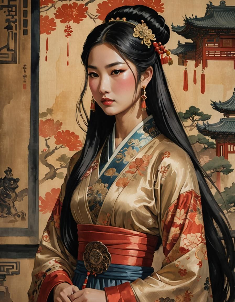 Asian Empress in Ancient Palace, Ukiyo-e Style