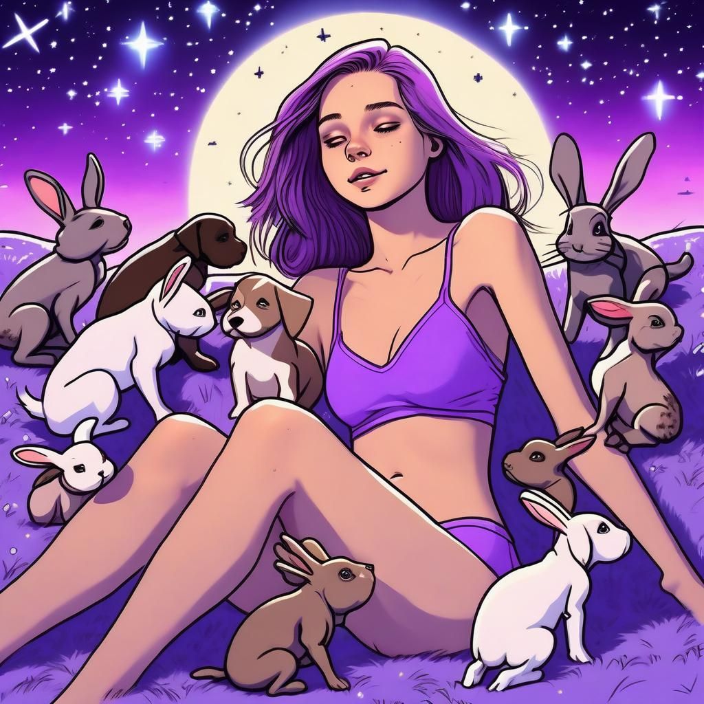Girl in Bikini in Wonderland with Puppies