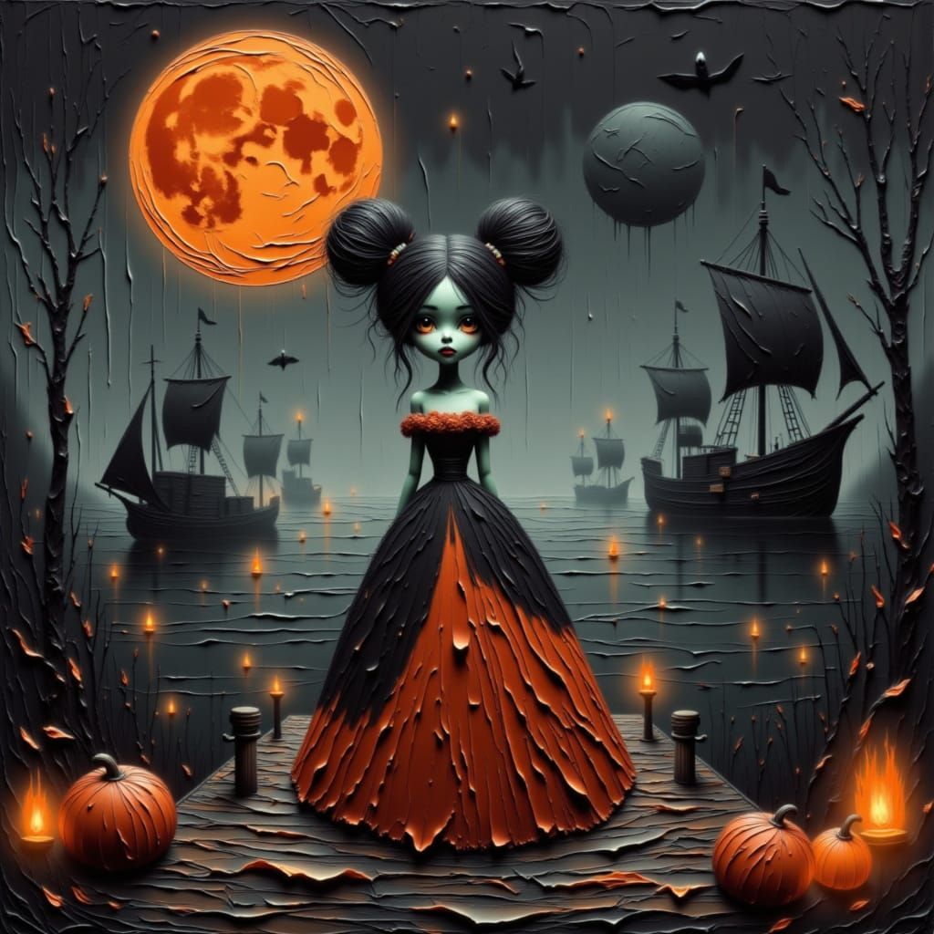 Spectral Figure on Haunted Pirate Dock Under Orange Moon