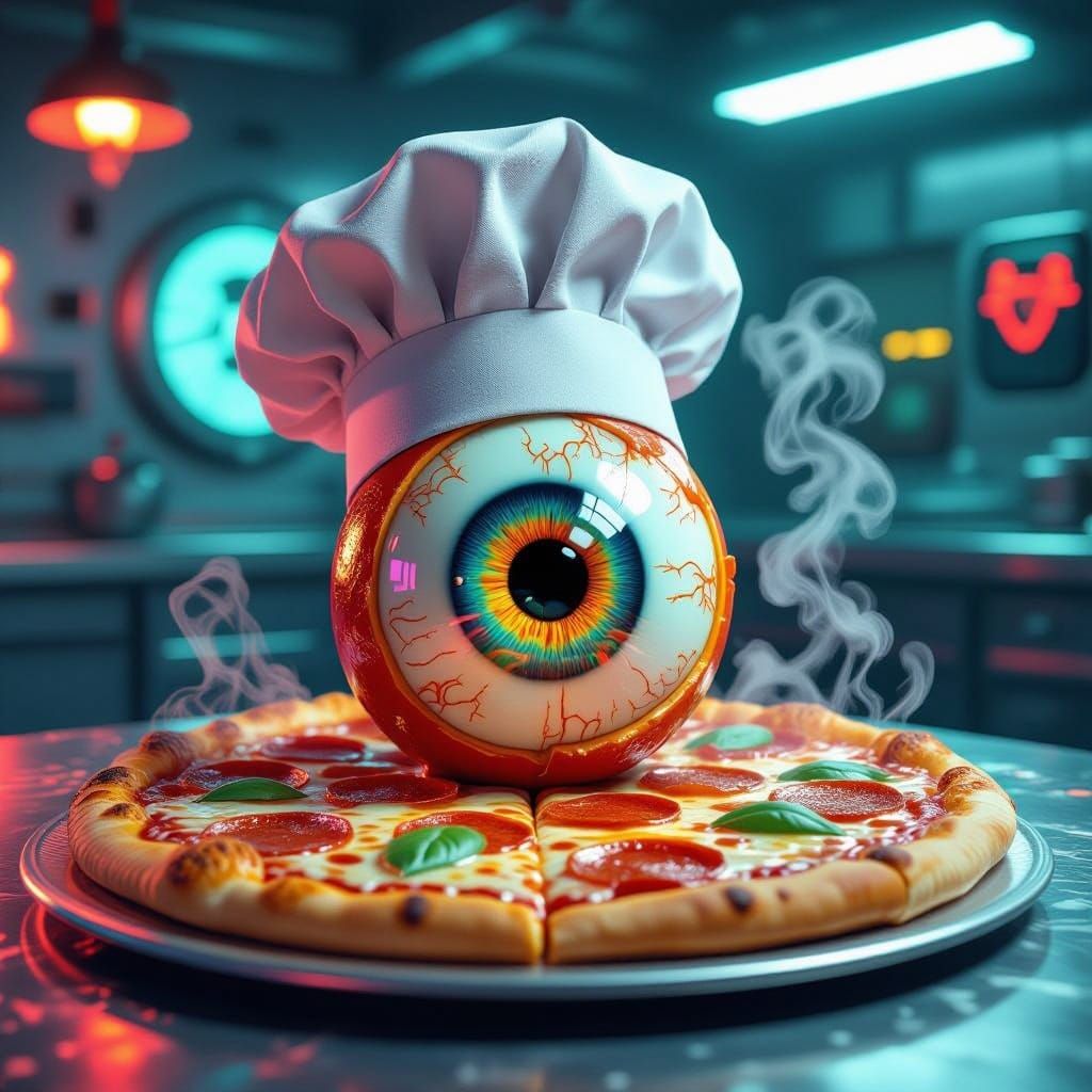 Martian Eyeball Chef on Pizza in Retro-Futuristic Style
