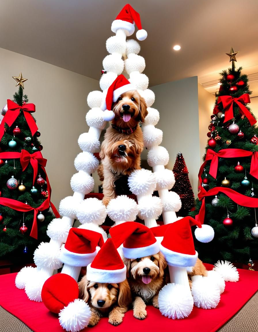 Groodle Christmas Tree Pyramid Wearing Hats