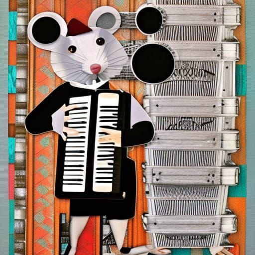 Mouse Plays Accordion in Cut Paper Collage Art