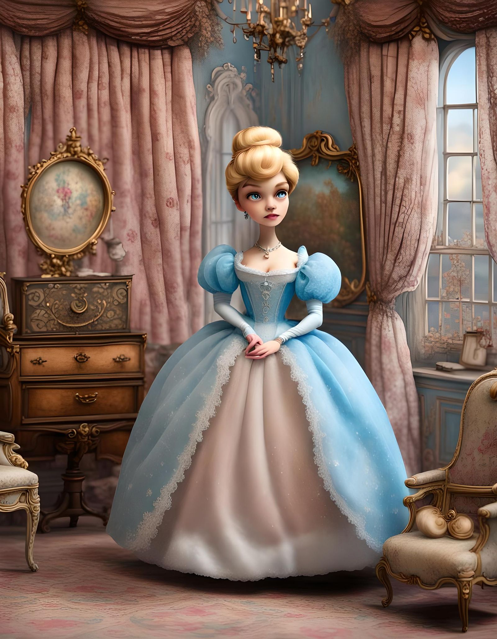 Grumpy Cinderella Doll in Digital Textile Art Style