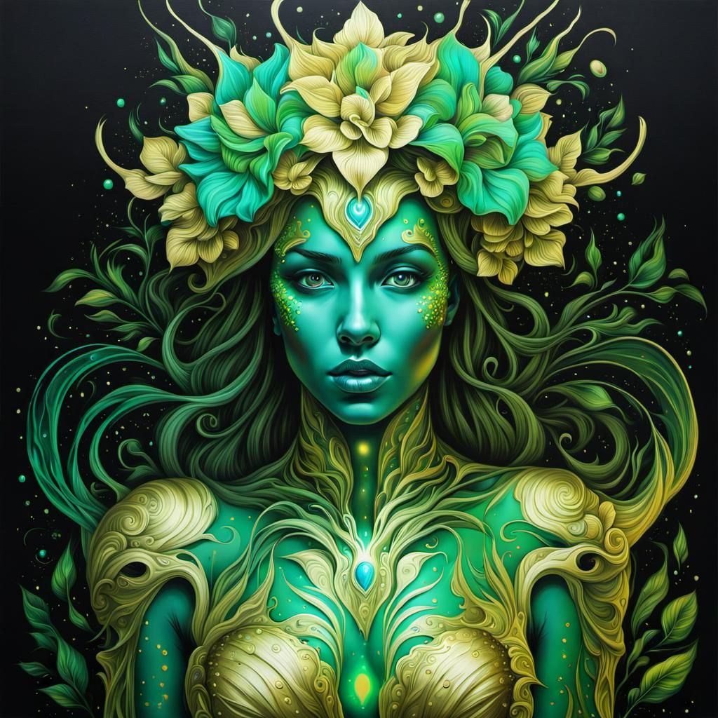 Best green gold flowery bioluminescent full body portrait ev...