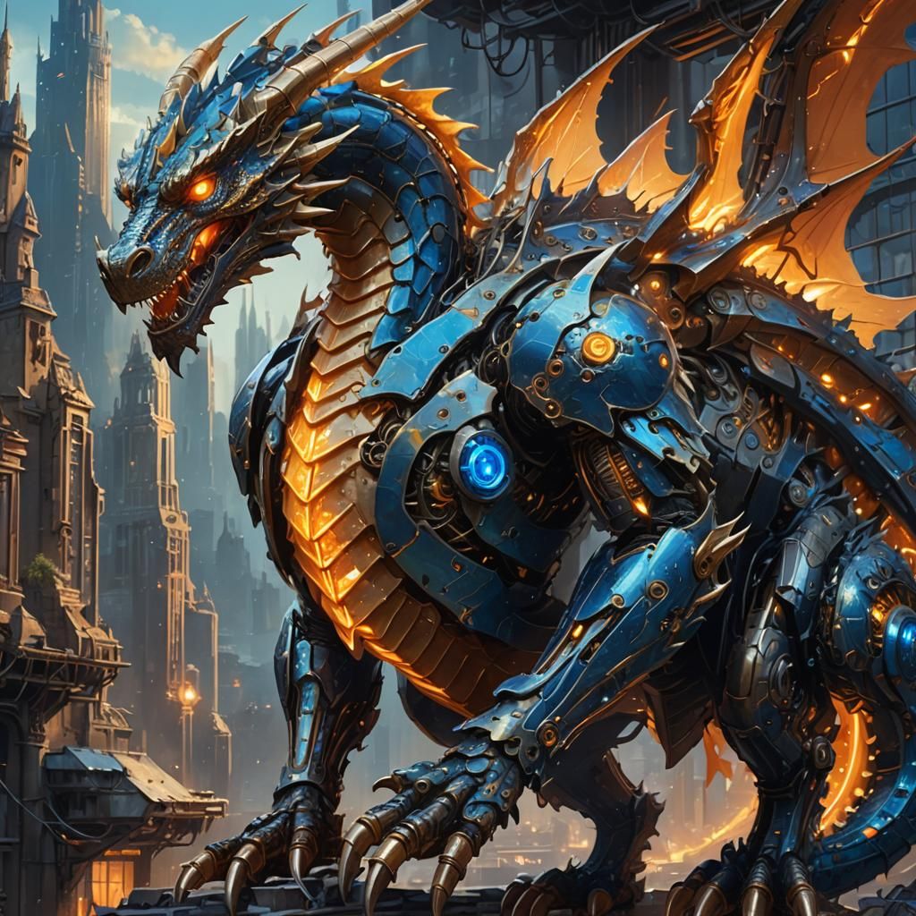 Mechobia Dragon Cyborg in Ruined Cityscape