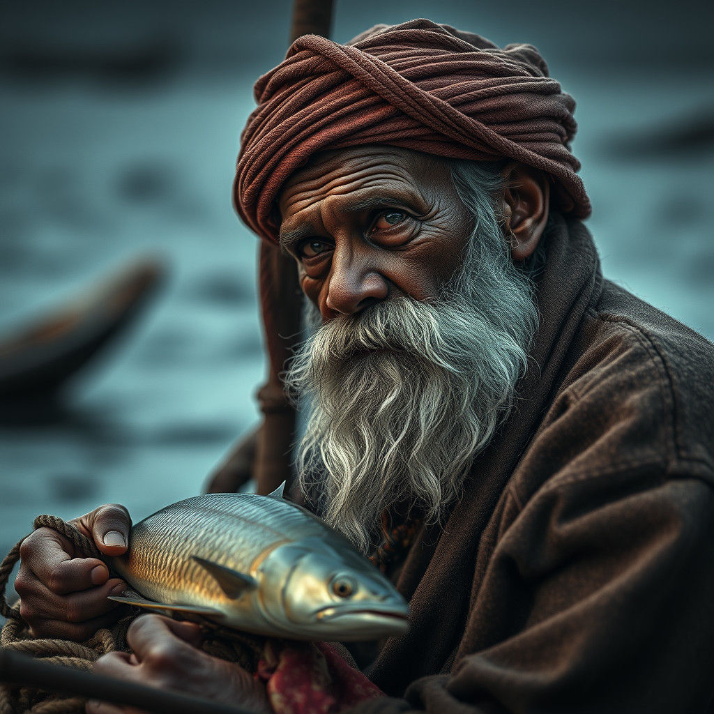 Mysterious Ancient Fisherman in Hyperrealistic Style