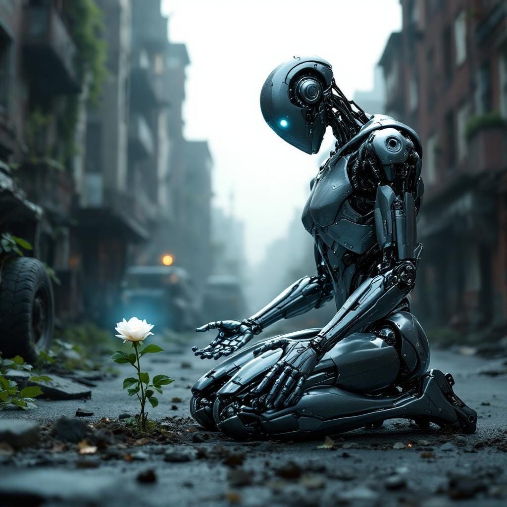 Robot Kneeling in Ruined City with Rose