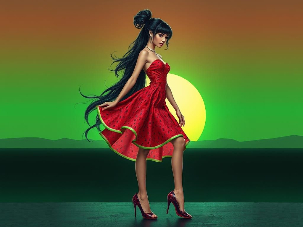 AA beautiful woman psychedelic art,shimmering effect, she is wearing a dress with watermelon pattern and high heels with...