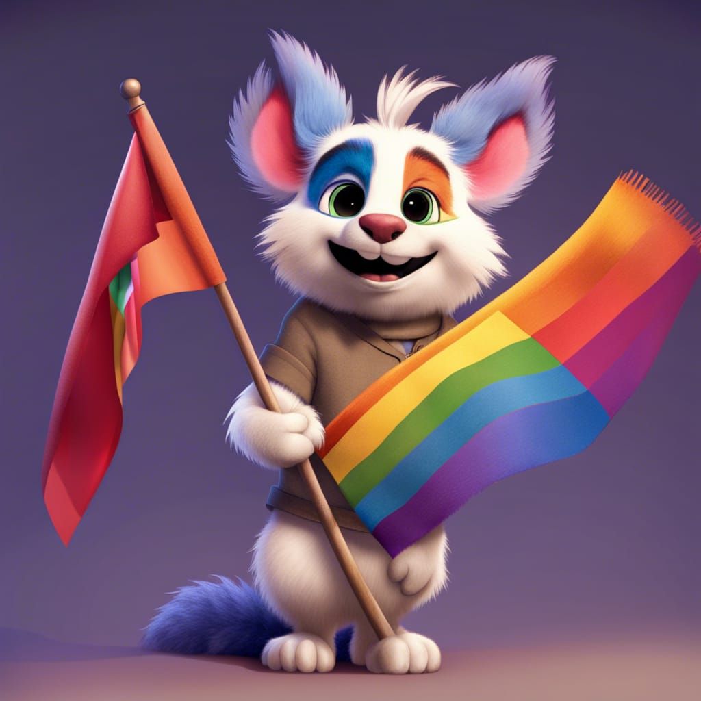 Anthropomorphic Furry with Pride Flag in Pixar Style