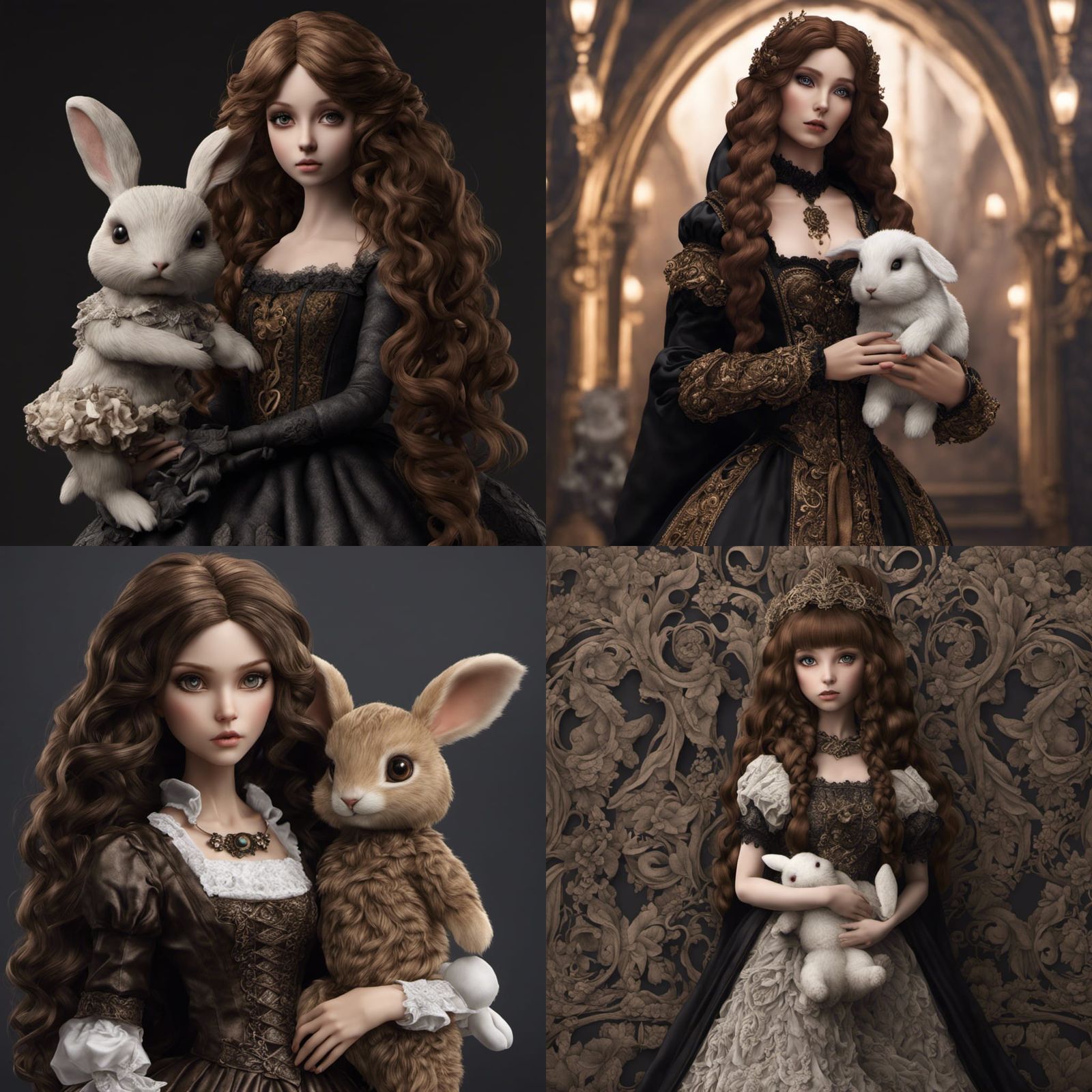 Gothic Ceramic Doll with Rabbit Toy in Hyperrealism
