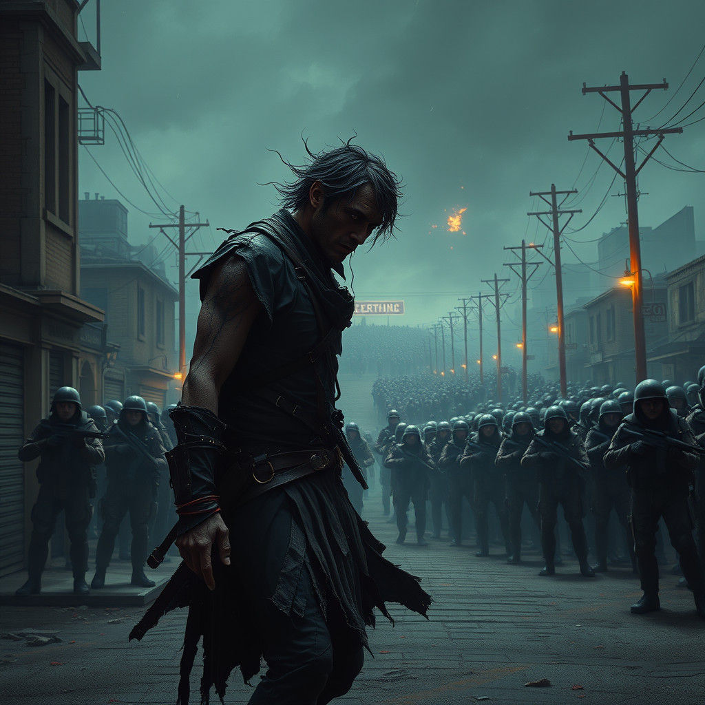 Brooding Man's Transformation in Desolate Wasteland