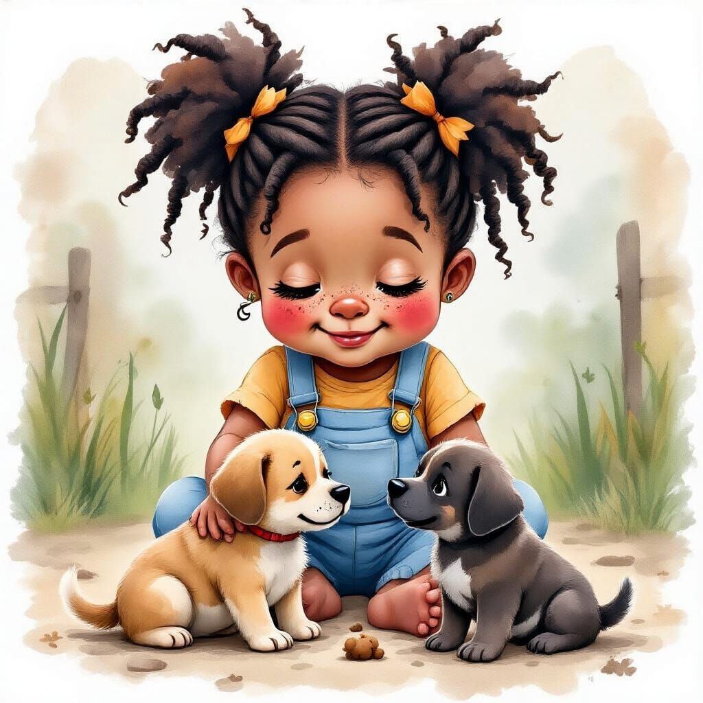 Girl with Puppies in Watercolor Style