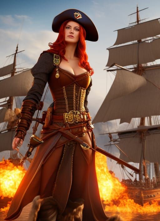 Redhead Pirate Queen on Ship: 3D Render