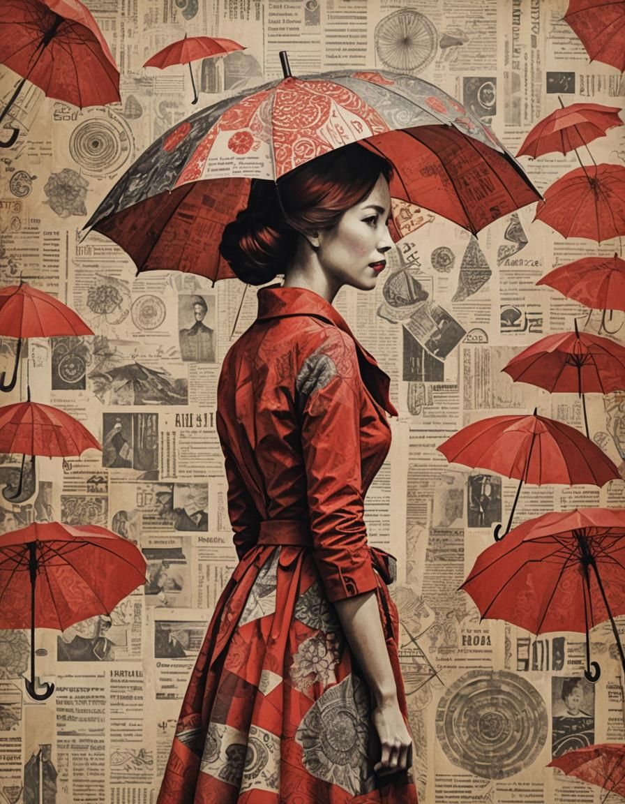 Woman in Red with Umbrella: Multimedia Collage Portrait