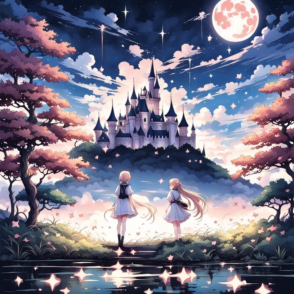 Pink Moonlit Castle in Floating Anime Paradise