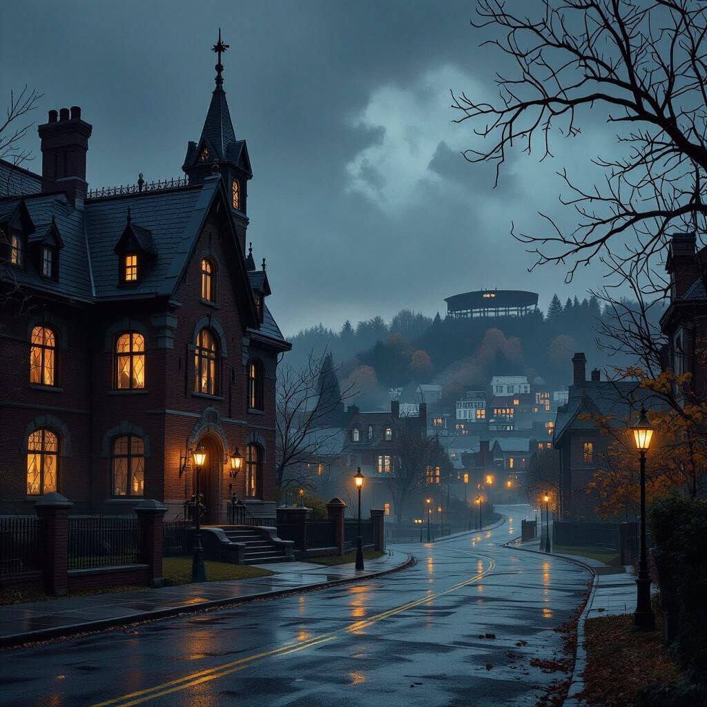 Gothic Autumn Town with Elite School in Fog