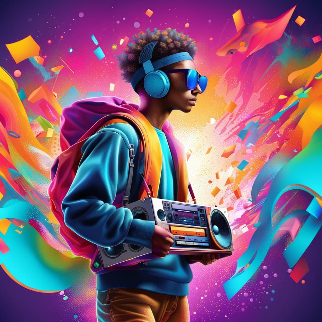 Teenager with Boombox in 80s Hyperrealistic Style