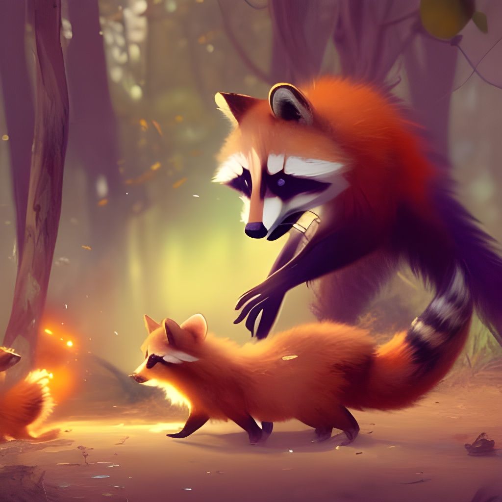 Vibrant Raccoon and Fox Duet in Triadic Hues