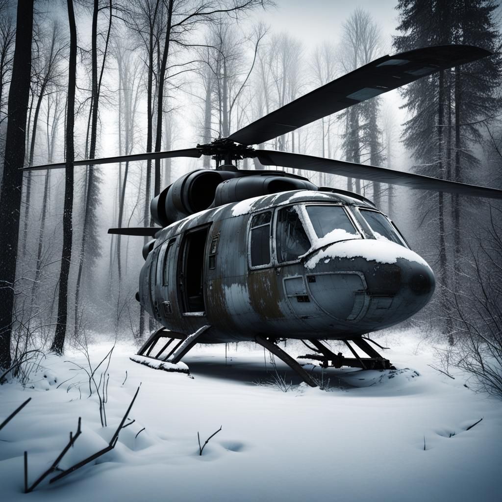 Derelict Cold War Helicopter in Dystopian Forest