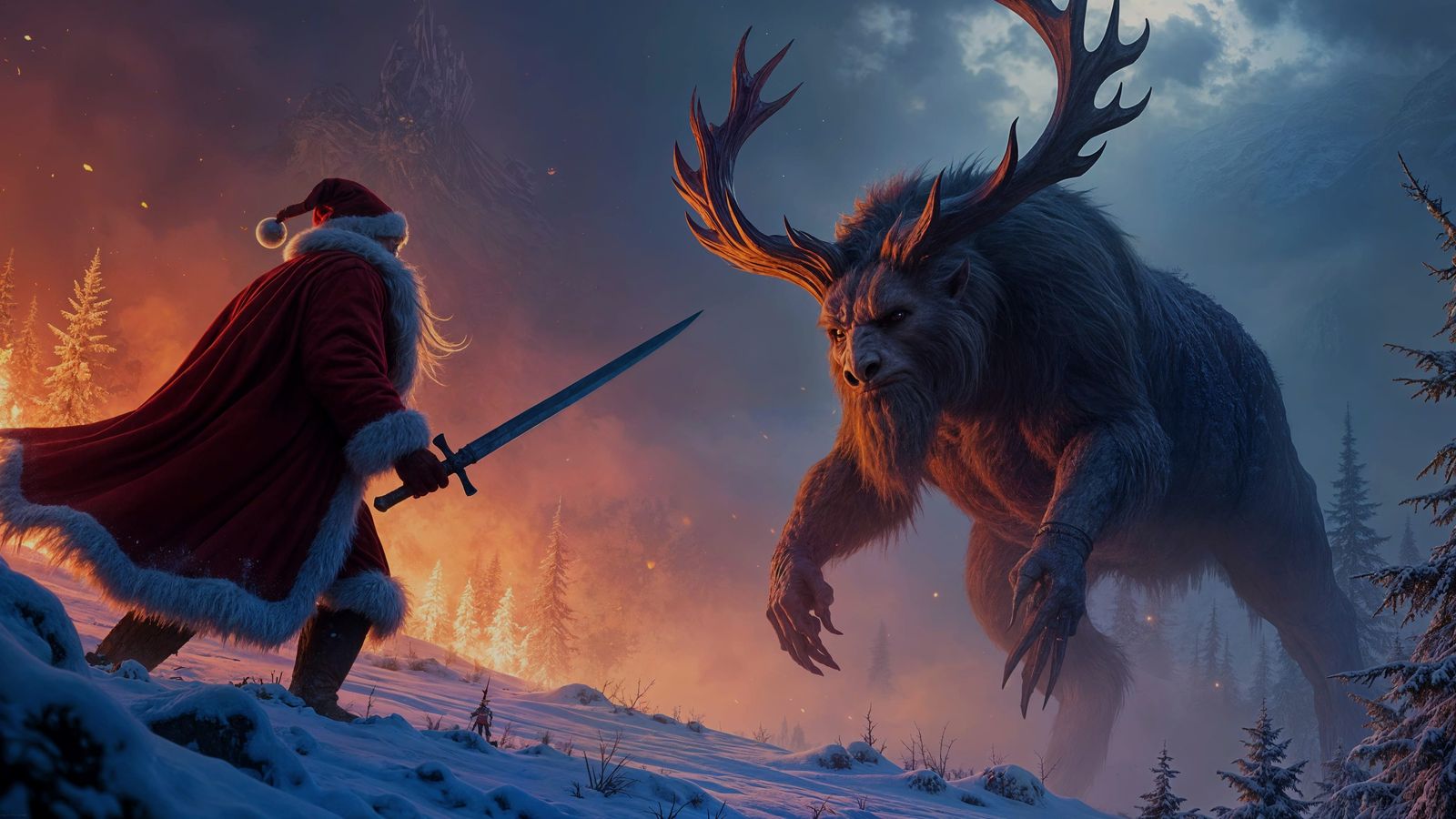 Santa Claus Battles Giant Krampus in Dark Fantasy Art