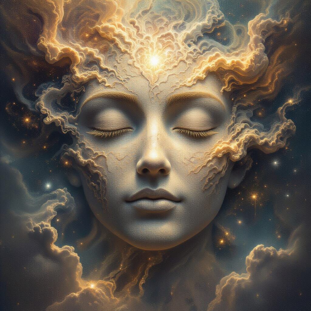 Ancient AI Face of Galaxy Dust in Engraving Style