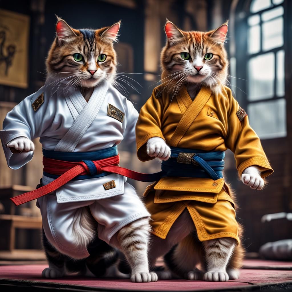Steampunk Cats Practicing Judo in Fantasy Setting