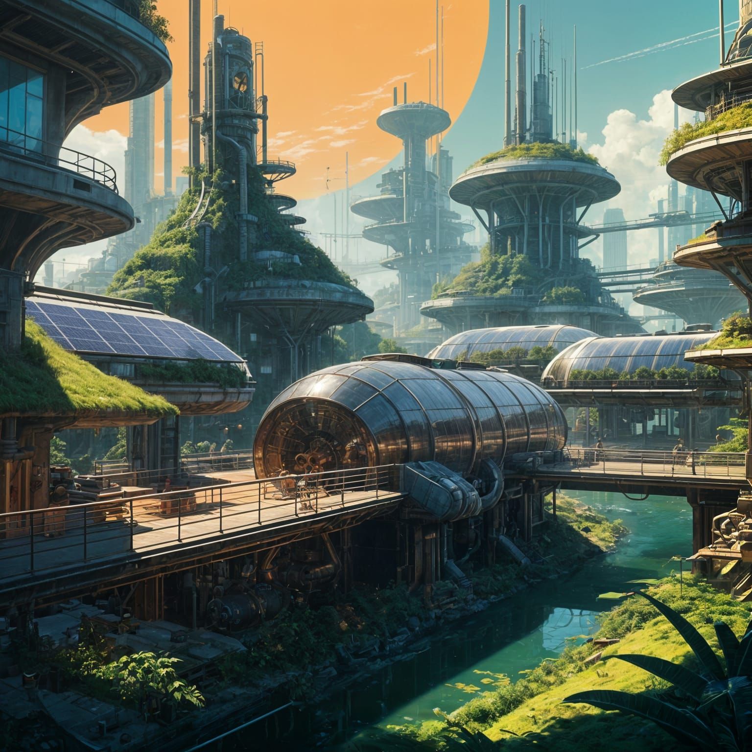 Surreal Futuristic Cityscape in Vibrant Solarpunk Style