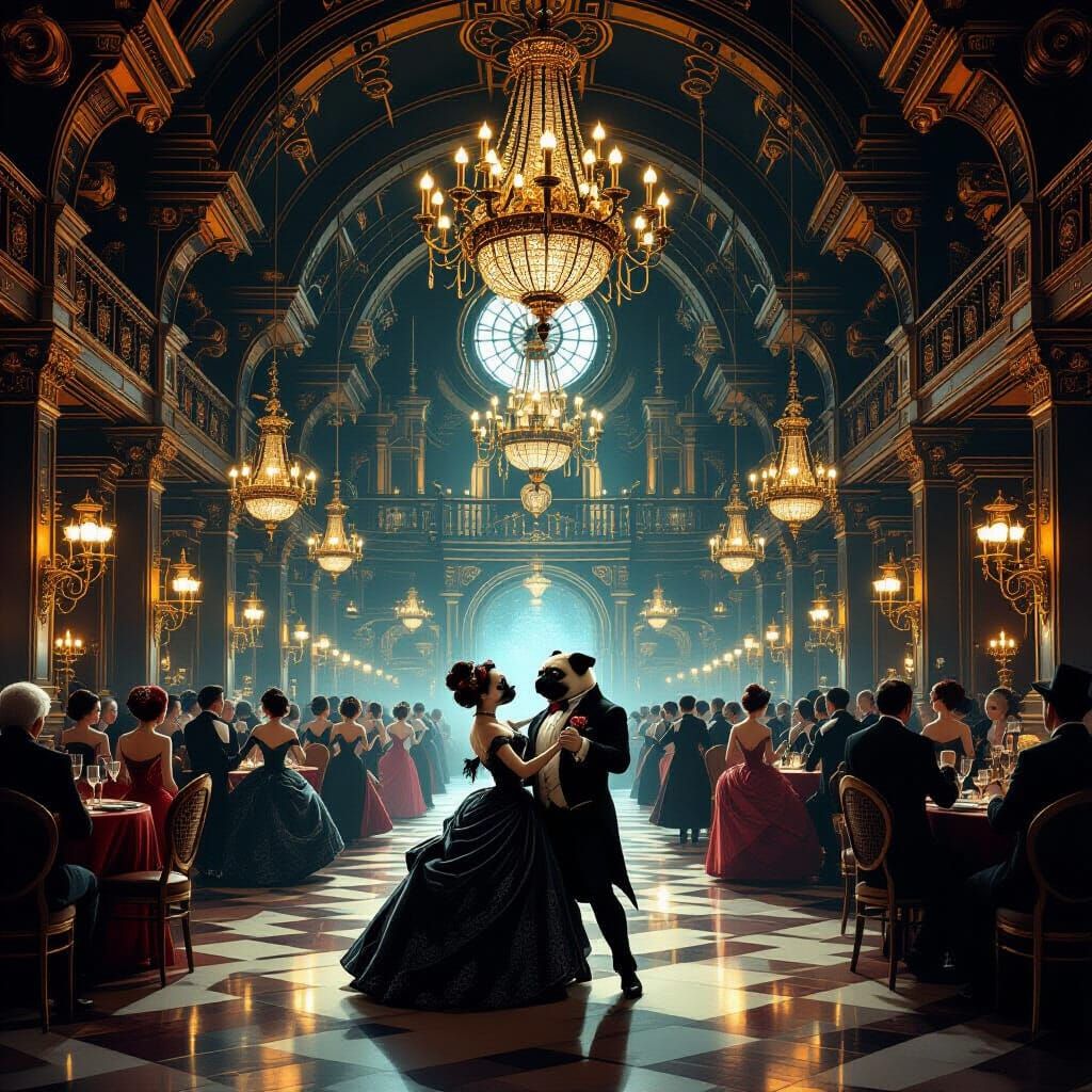 Pug Vampires Waltz in Gaslit Steampunk Ballroom