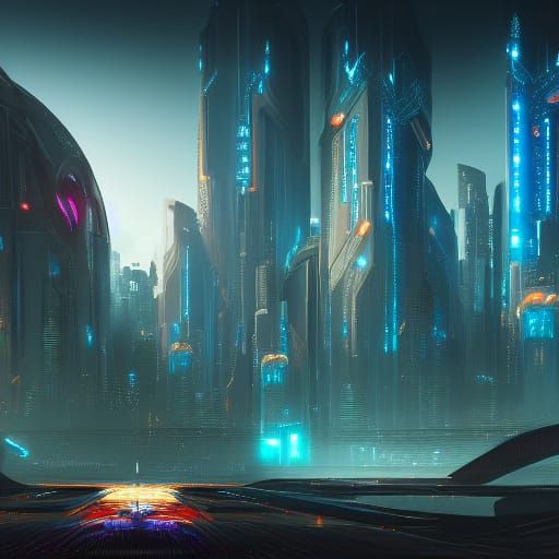 Cyberpunk Quasar: Detailed Matte Painting in Deep Color