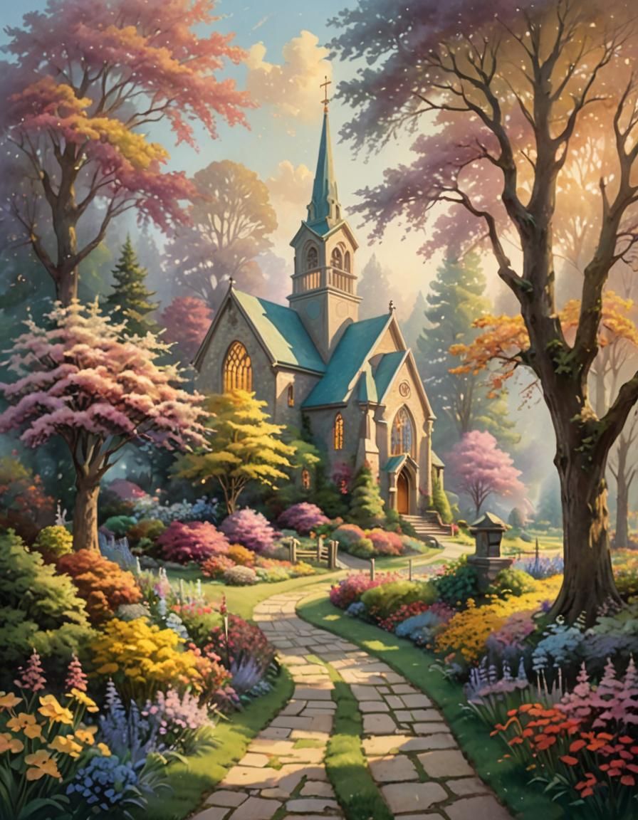 Ethereal Church Landscape in Soft Golden Light