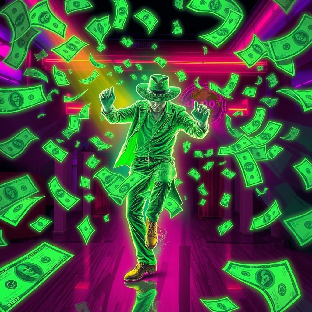 Dancing in Futuristic Neon Dollar Rain