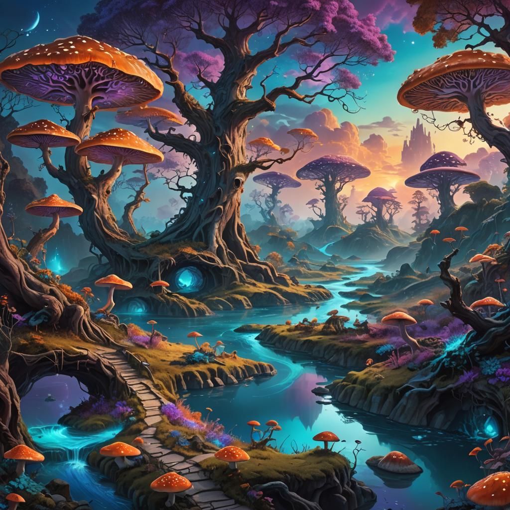 Mystical Fantasy Landscape with Glowing Mushrooms