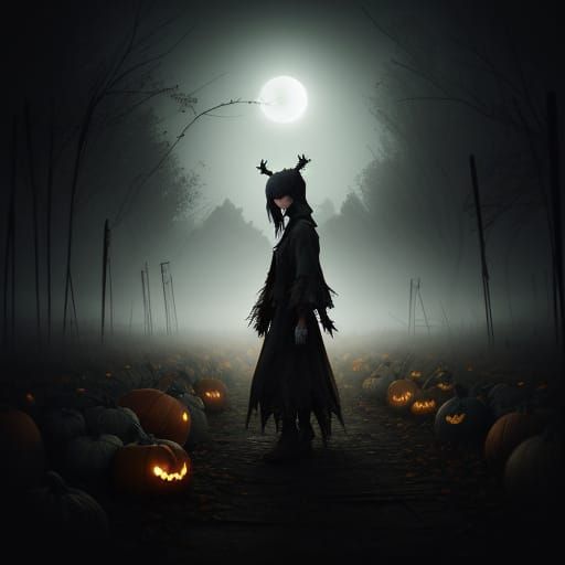 Eerie Zombie Girl in Autumnal Pumpkin Patch