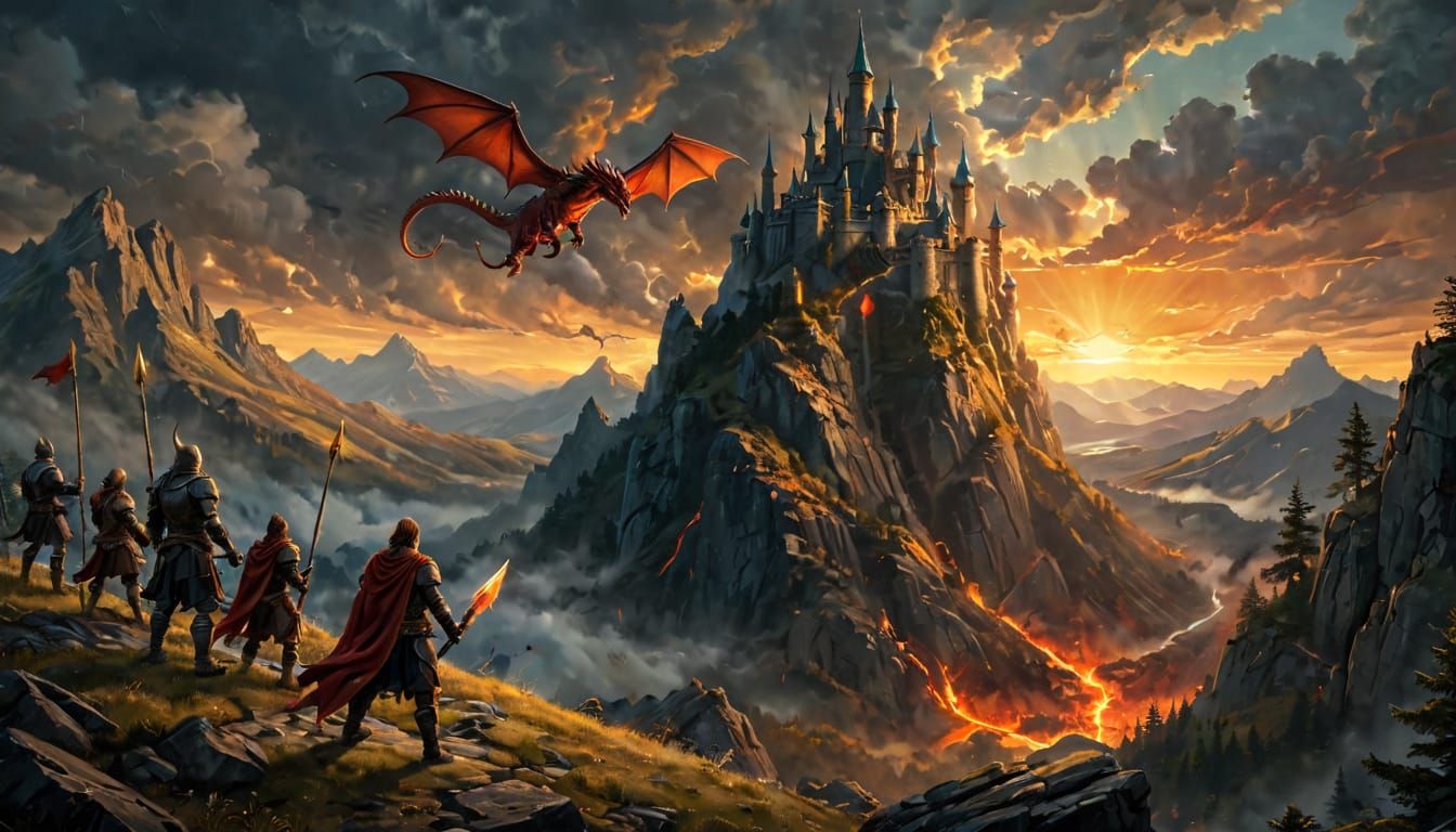 Epic Fantasy Dragon Soaring Over Castle Painting
