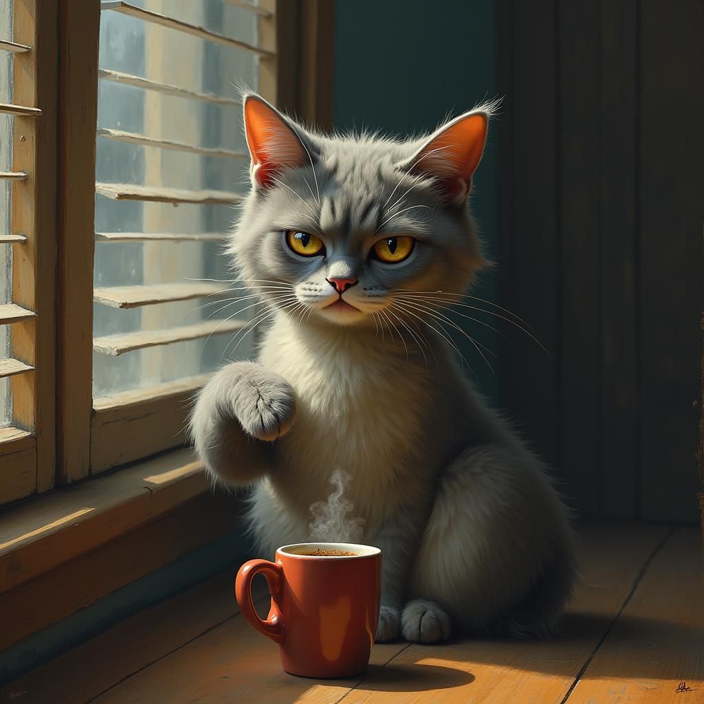 Disgruntled Cat with Coffee in Hopper-esque Sunlight