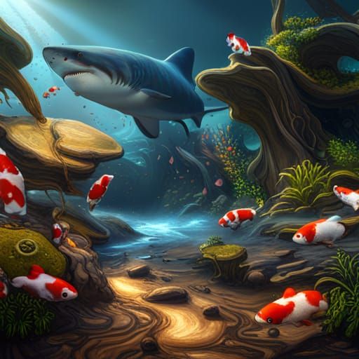 Shark and Koi Fish in Detailed Matte Painting