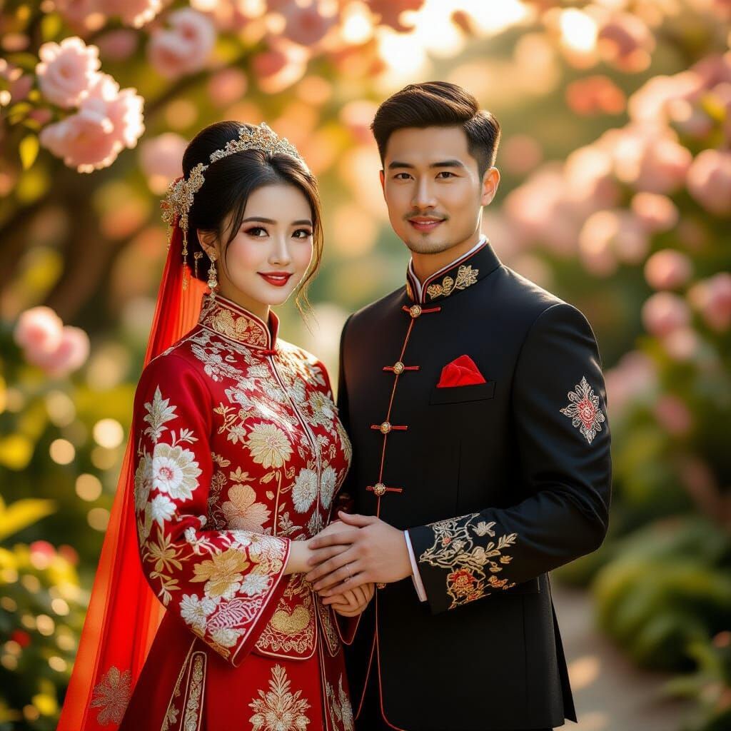 Couple in Traditional Red Wedding Attire in Garden