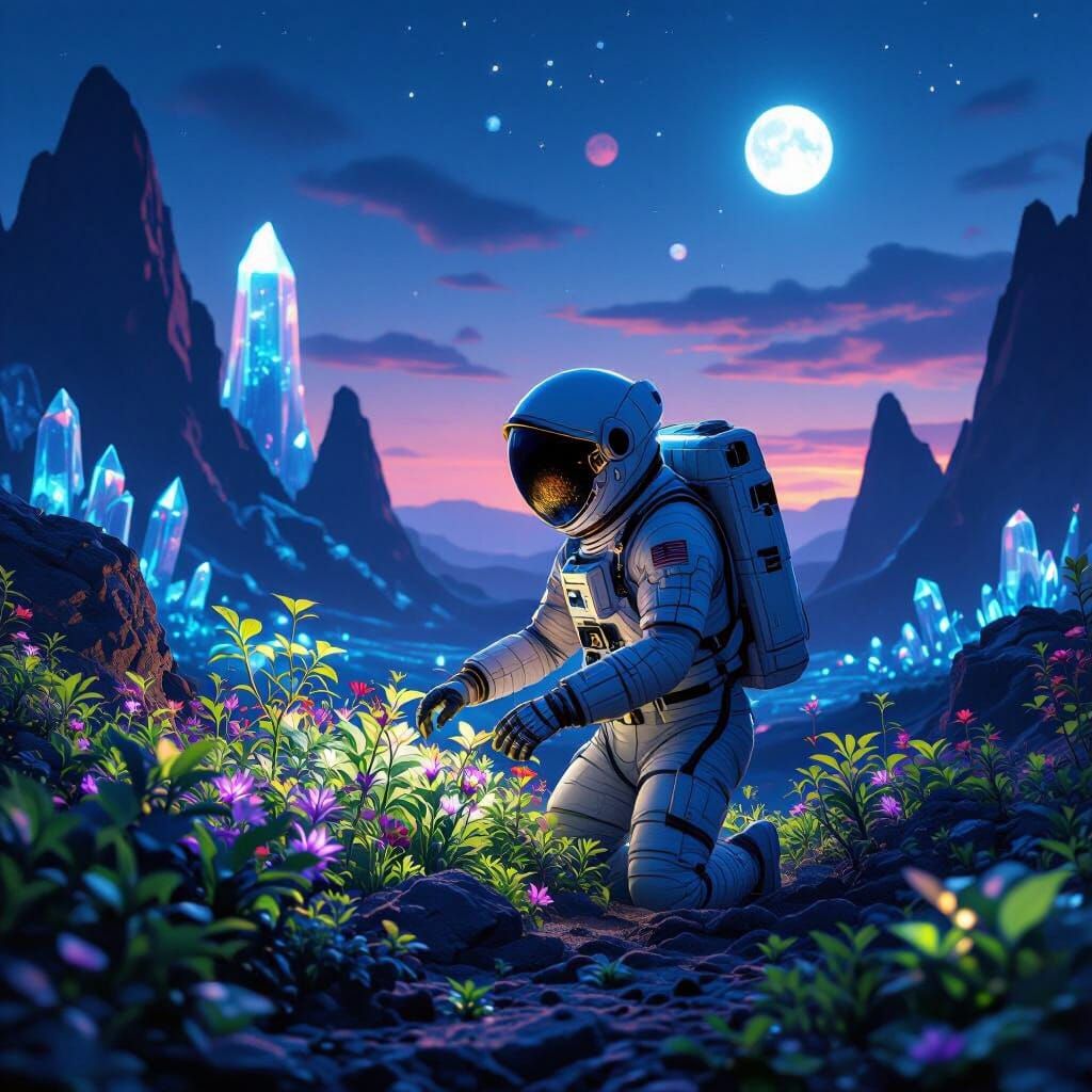 Digital matte painting. A lone astronaut tending to a biolum...