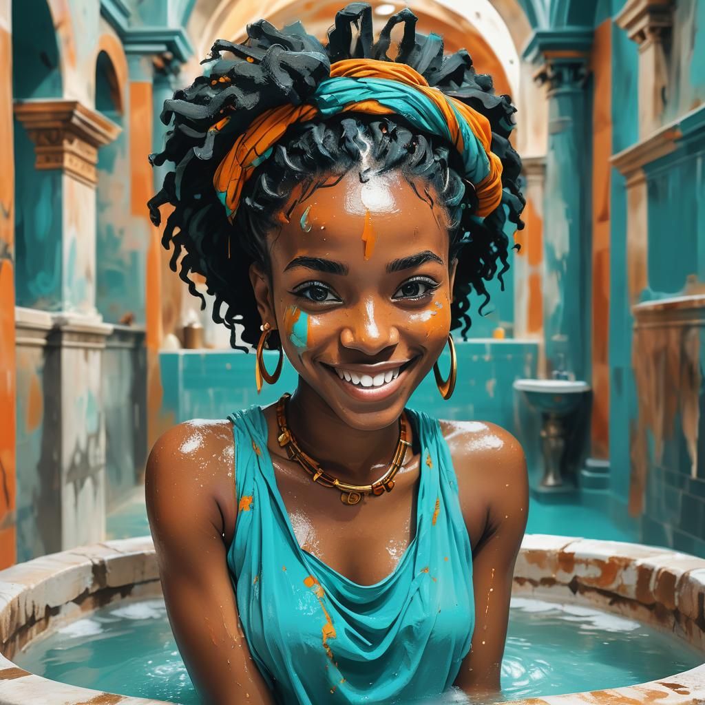 Vibrant Portrait of Girl in Roman Bath, Expressionist Style