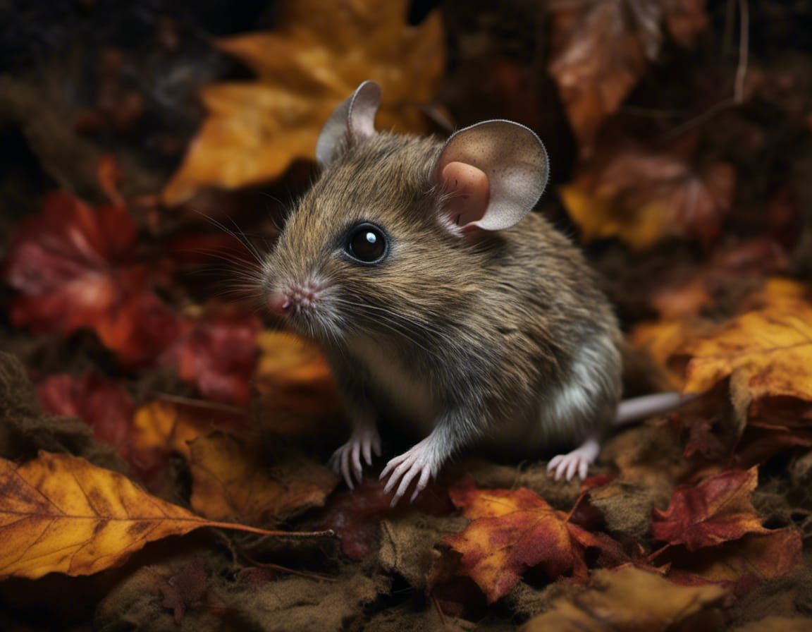Cute Furry Mouse on Autumn Leaves