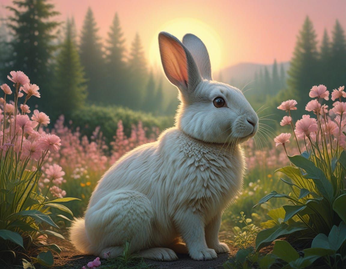 Surreal Dreamscapes of a Translucent Bunny in a Sunlit Meado...