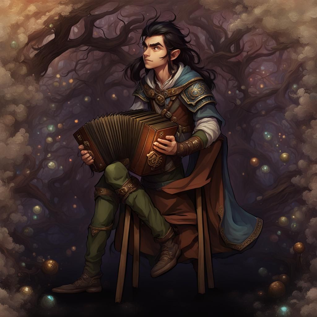 Gnome Bard with Concertina: Detailed Fantasy Illustration