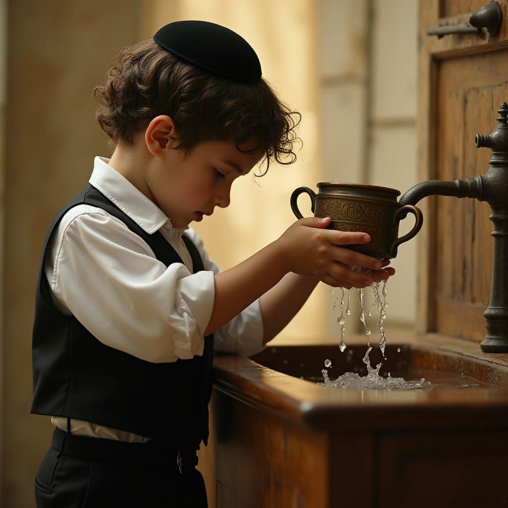 Traditional Hasidic Boy Performs Ritual Hand Washing