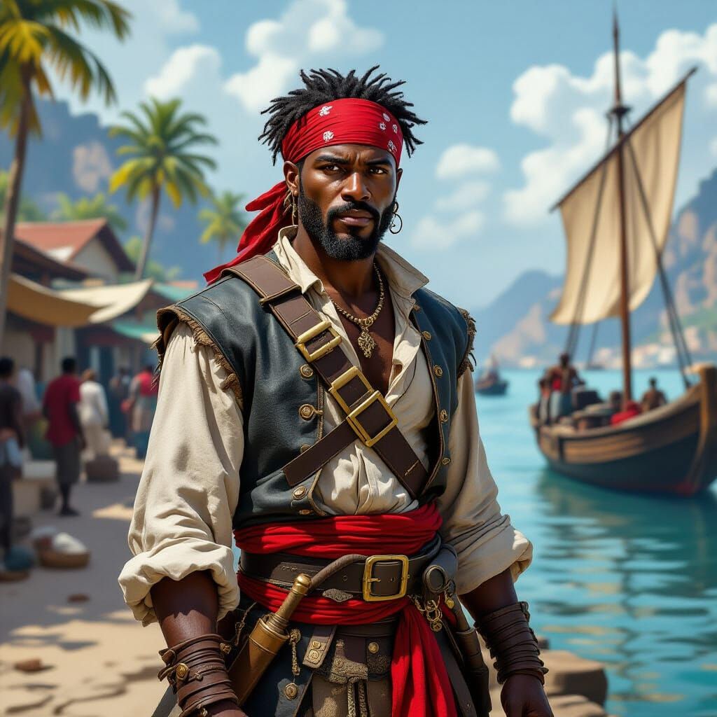 Medieval African Pirate in Tropical Port