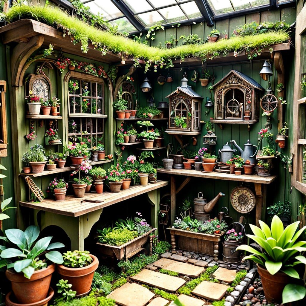 Ornate Miniature Garden in a Gardener's Shed