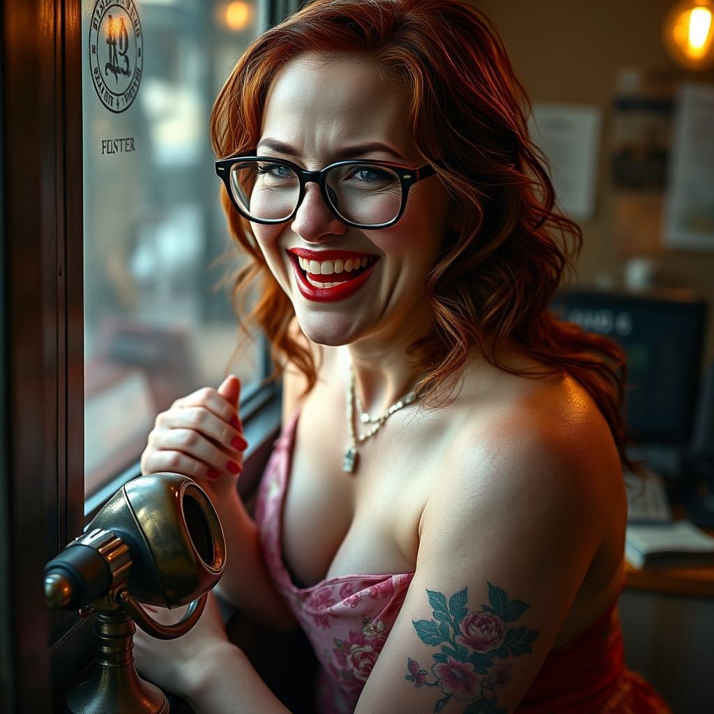 Art Nouveau Redhead Pin-Up Woman at Bank