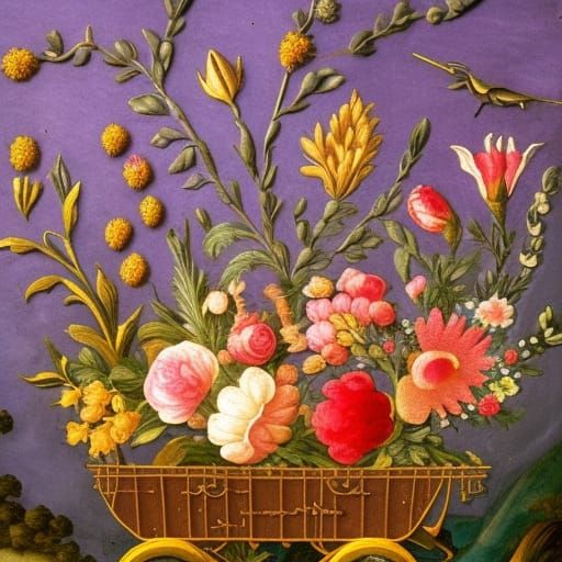 1700’s French flower wagon full of flowers vintage village intricately detailed complementary colors renaissance paintin...