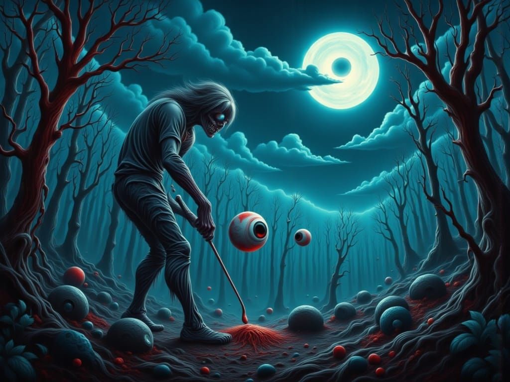 Zombie Golfing with Eyeball in Surreal Cemetery